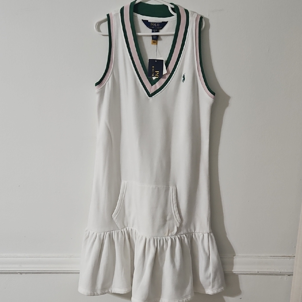 Polo by Ralph Lauren White Sleeveless V‑Neck Tennis Dress with Green Trim